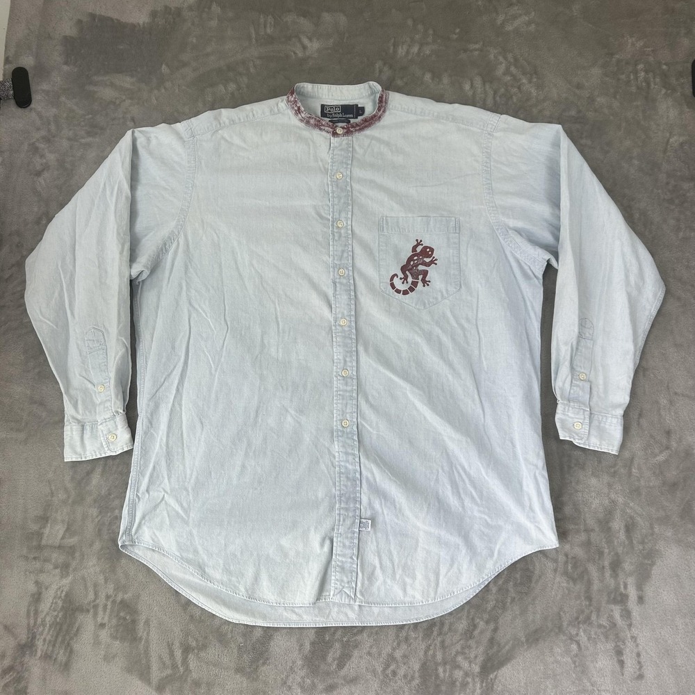 Polo Ralph Lauren Shirt Mens Large Blue Chambray Lizard Pocket Band Collar - Picture 4 of 16